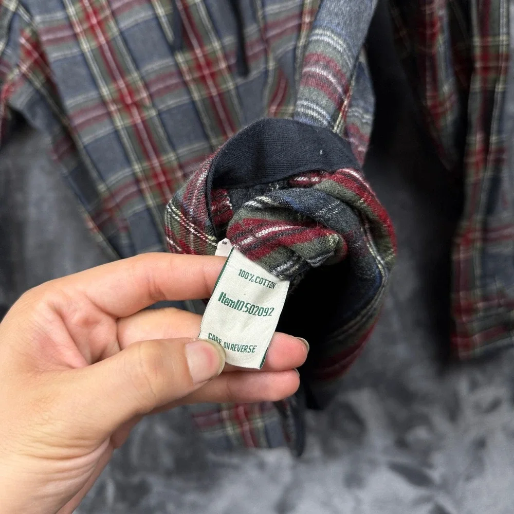 LL Bean Flannel Hoodie Mens Small Grey Red Plaid Excellent Zip Up Shirt Jacket